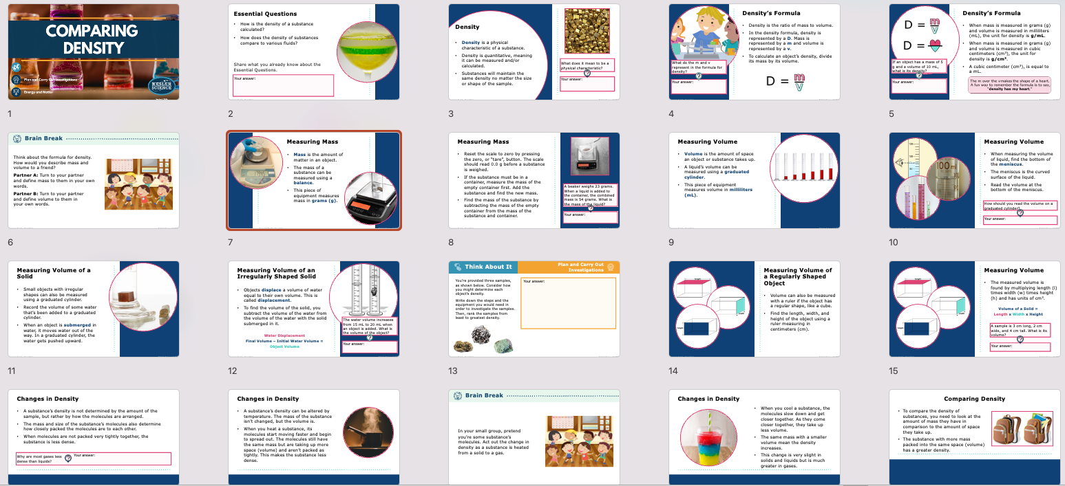 presentation overview slides for the comparing density lesson