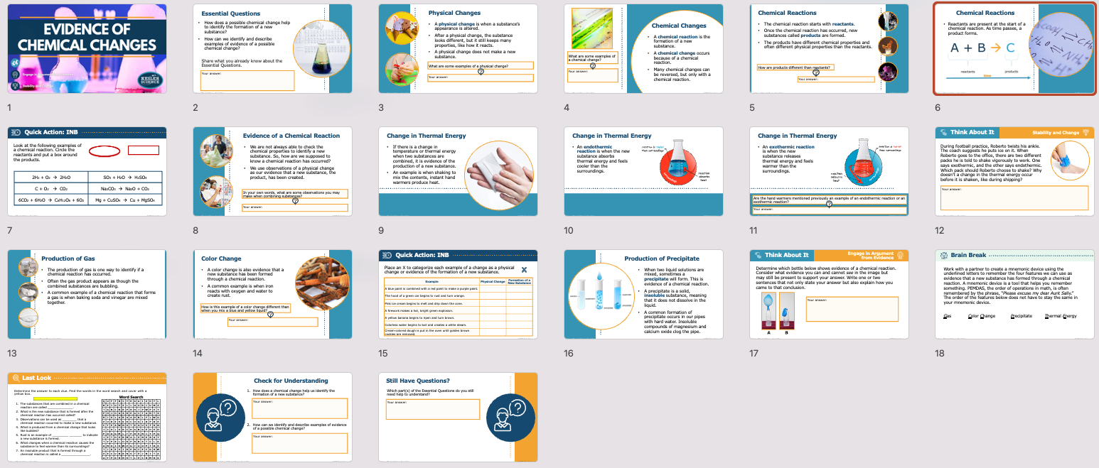 overview of evidence of chemical changes lesson slides covering reactions and indicators