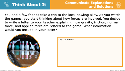 Think About It bowling alley scenario explaining gravity, friction, and applied force