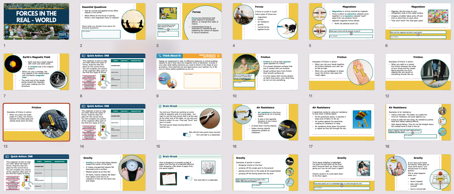 overview of forces in the real world lesson slides covering gravity, friction, and applied forces