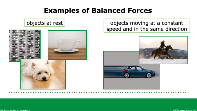 examples of balanced forces showing objects at rest and objects moving at constant speed