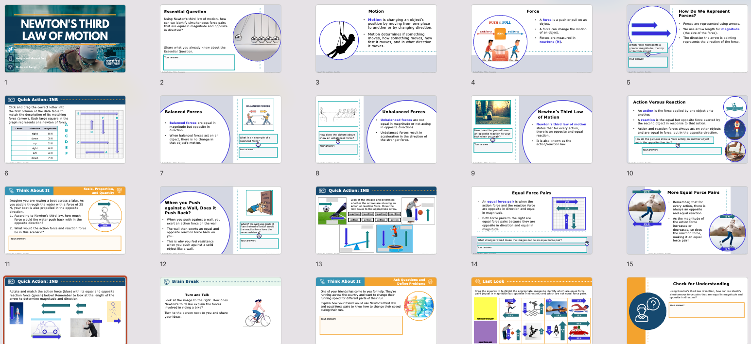 Newtons third law of motion lesson presentation overview with title slide and content slides