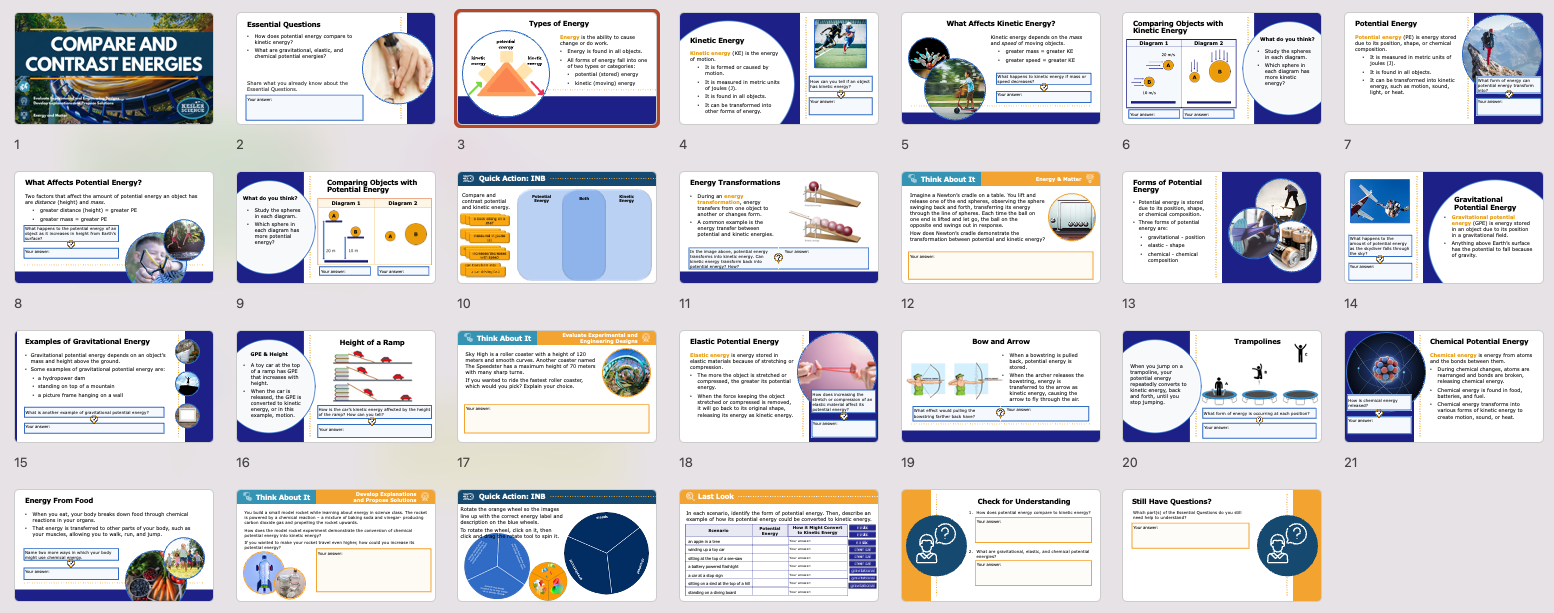 overview of the compare and contrast energies lesson covering potential and kinetic energy types