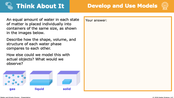 think about it activity modeling how shape, volume, and particle arrangement compare across gas, liquid, and solid water