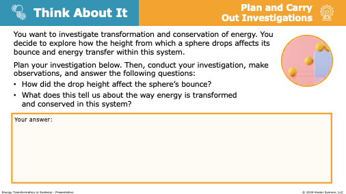 Think About It investigation: how drop height affects sphere bounce and energy transfer