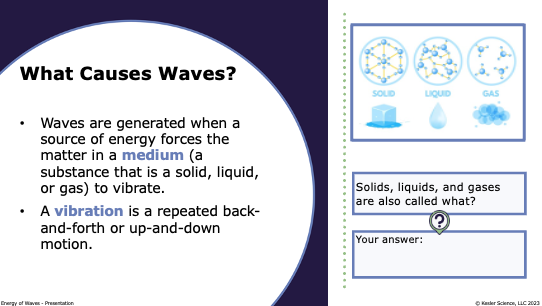 what causes waves: vibrations in a medium of solid, liquid, or gas