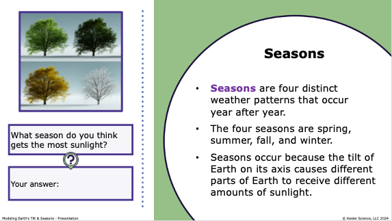 seasons caused by Earths axial tilt resulting in spring, summer, fall, and winter