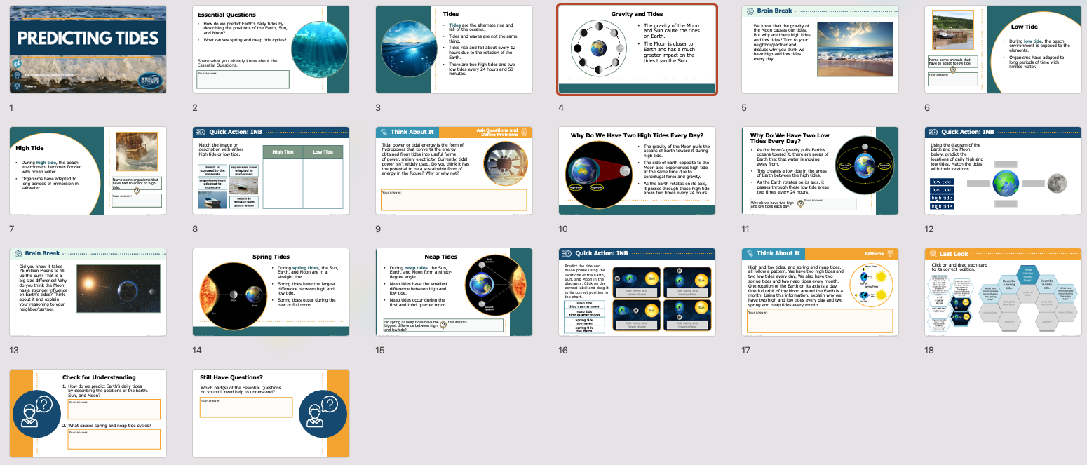 overview of predicting tides lesson slides covering gravity, the Moon, and tidal patterns