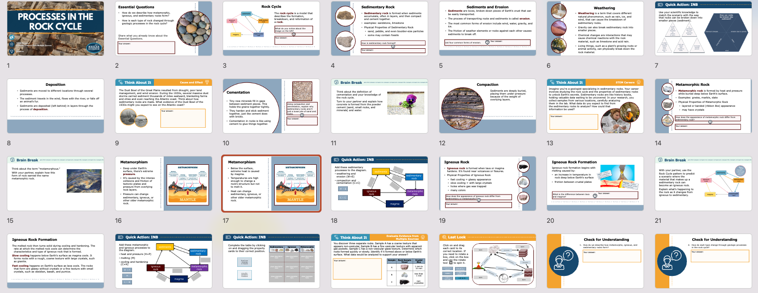 overview of processes in the rock cycle lesson slides covering weathering, erosion, and metamorphism