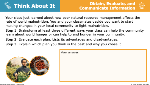 Think About It prompt: design a community plan to fight hunger using resource management
