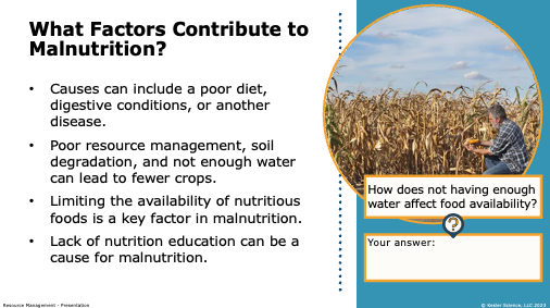 factors contributing to malnutrition: poor diet, soil degradation, water scarcity, and education