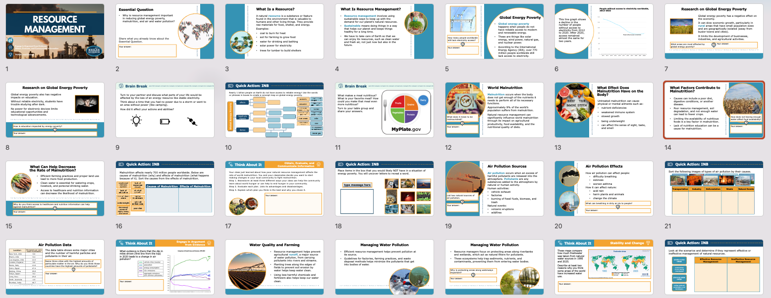 overview of resource management lesson slides covering food, water, and conservation