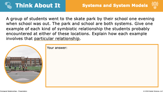 think about it prompt identifying symbiotic relationships at a skate park and school