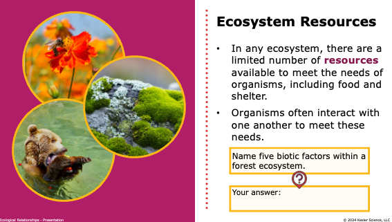 ecosystem resources are limited and organisms interact to meet needs like food and shelter