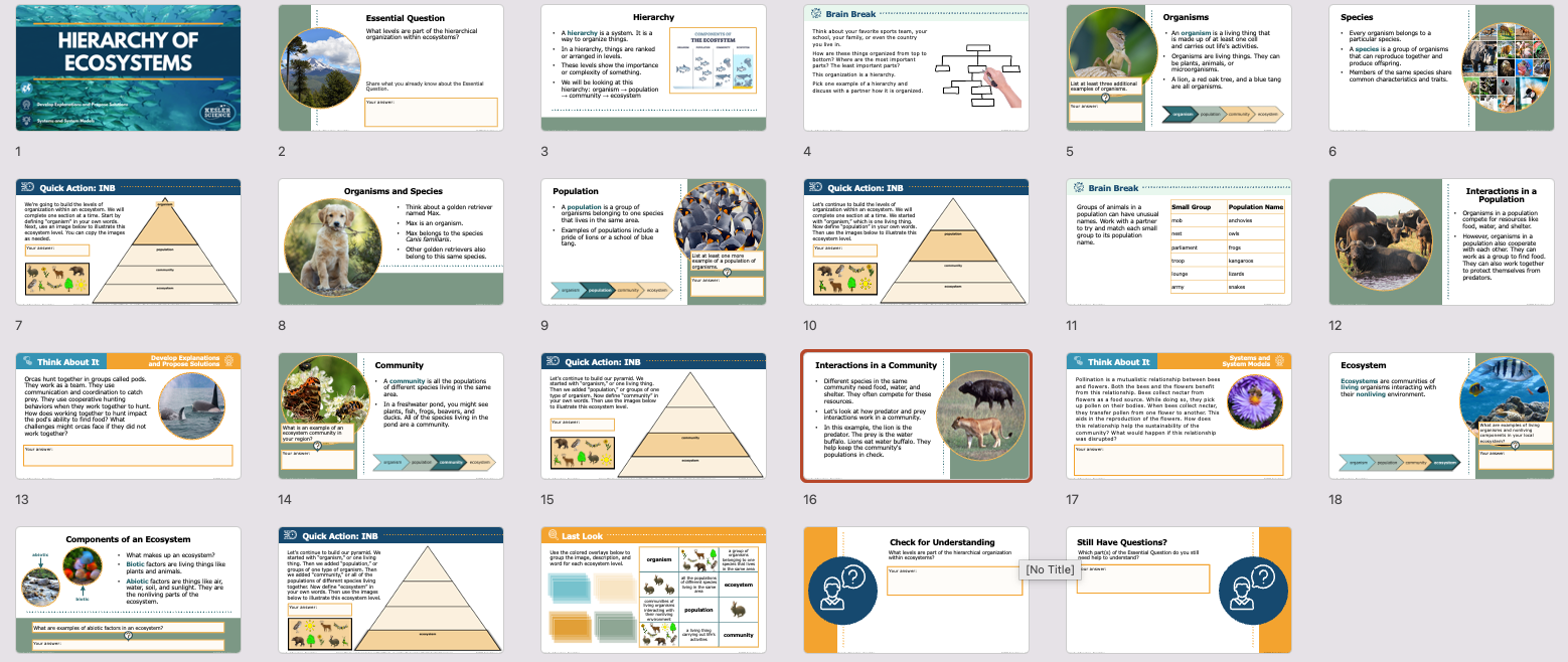 overview of hierarchy of ecosystems lesson slides covering organisms, populations, and biomes