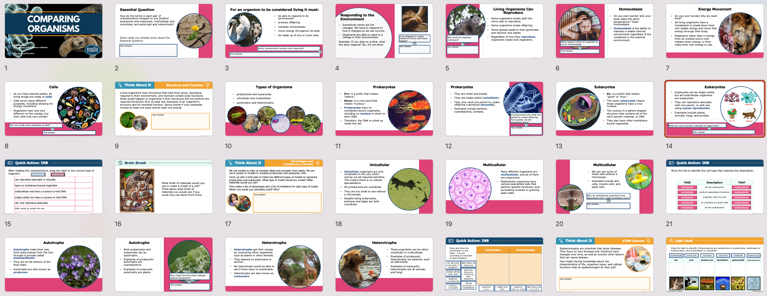 presentation overview slides for the comparing organisms lesson