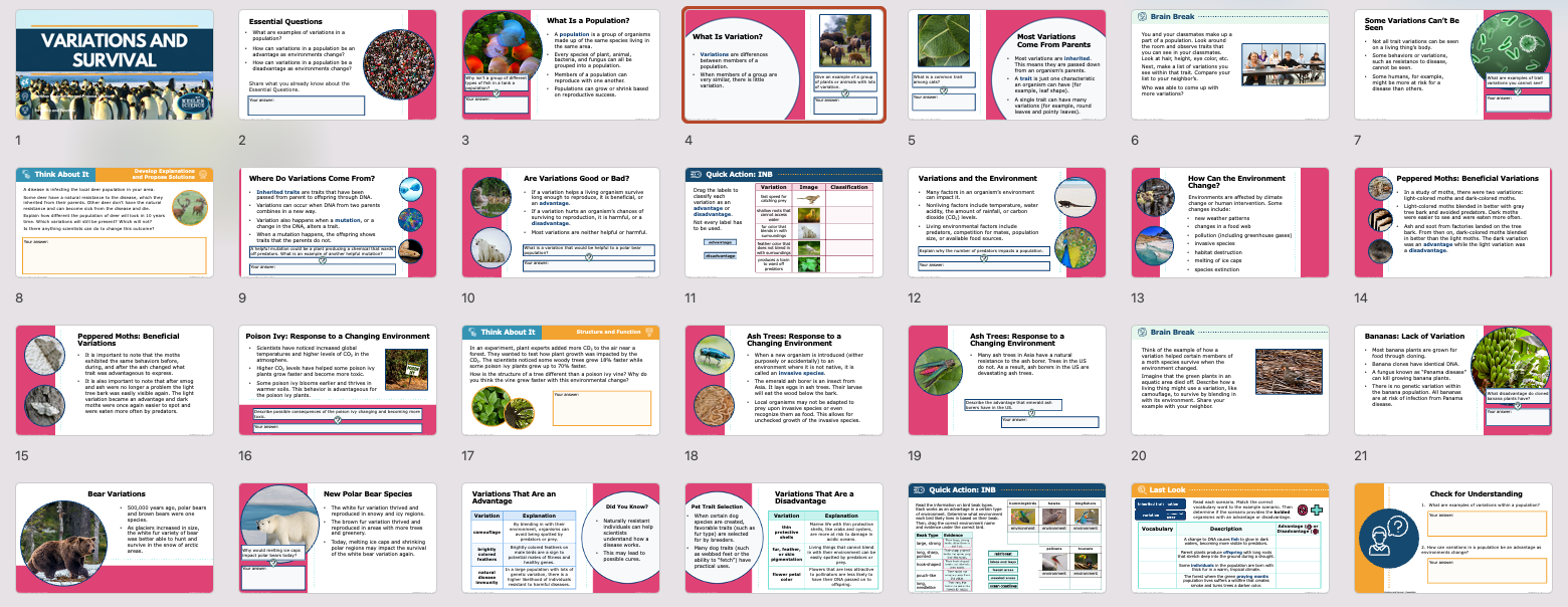presentation slide overview for the variations and survival lesson