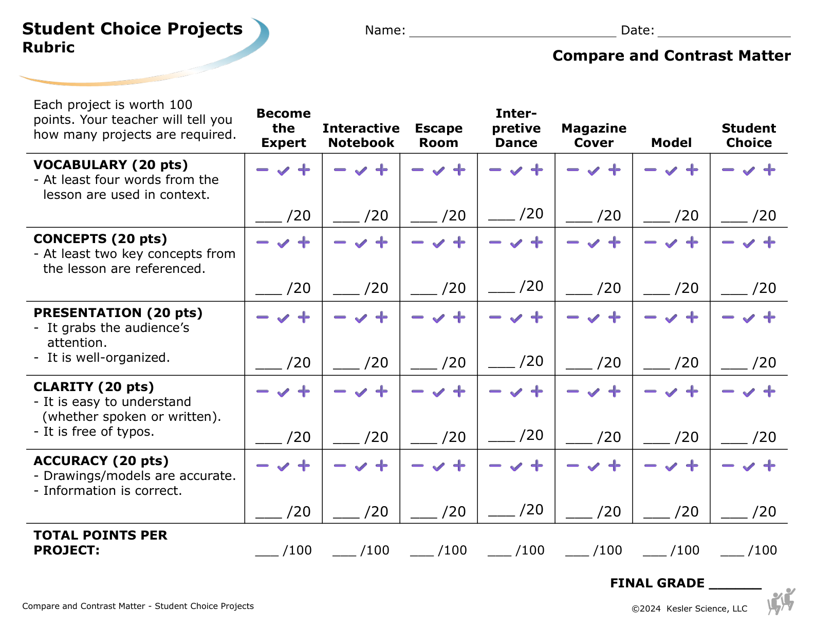 Student choice project options and rubric for the compare and contrast matter lesson