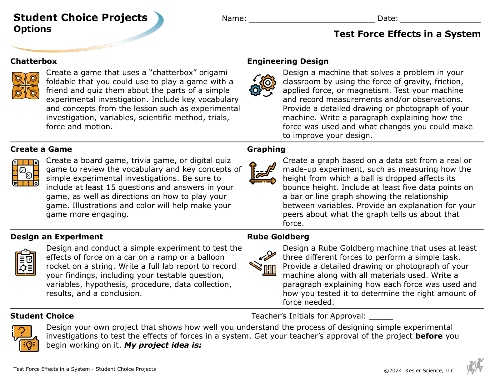 Student choice project options and rubric for the test force effects in a system lesson