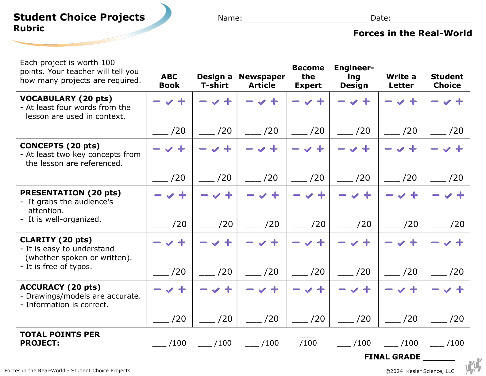 Student choice project options and rubric for the forces in the real-world lesson