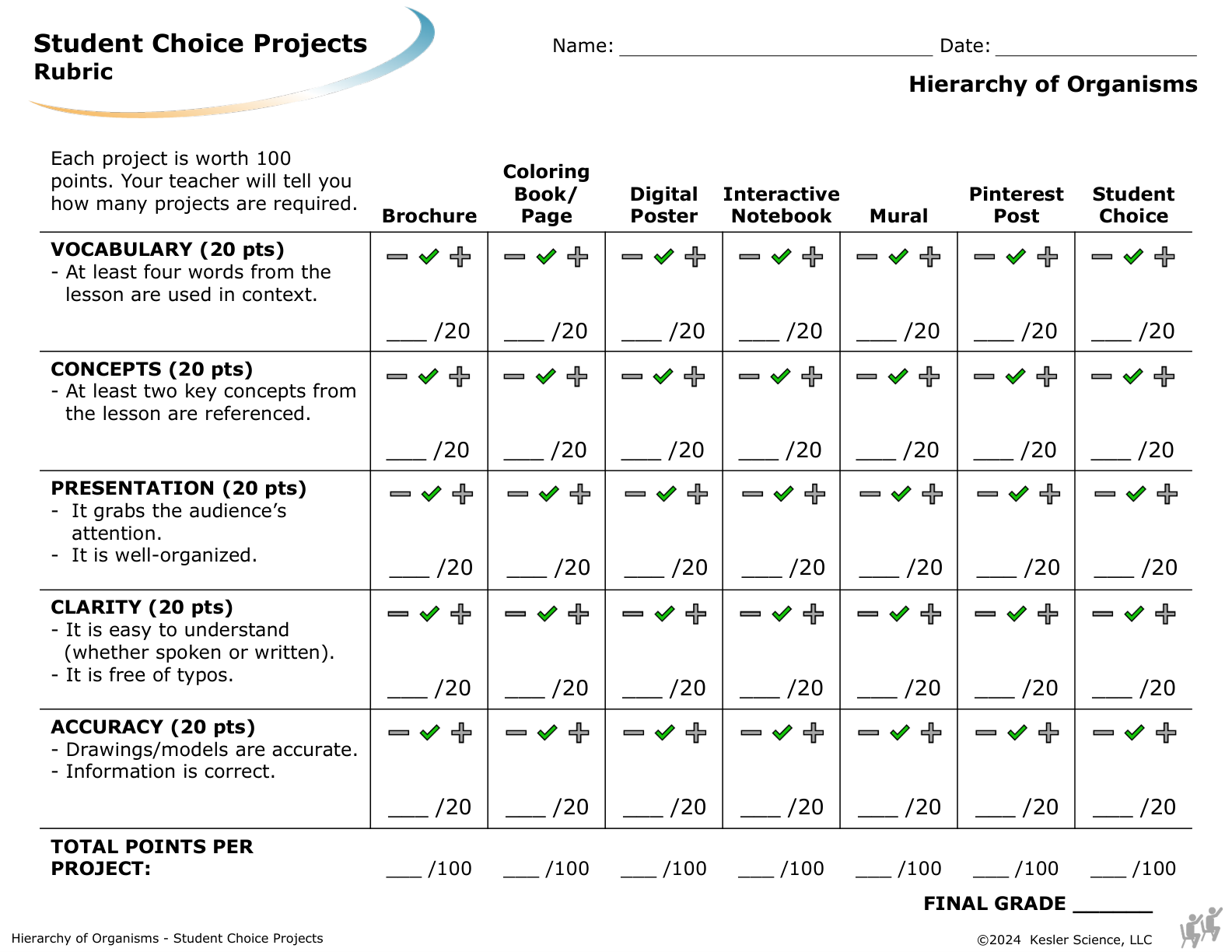 Student choice project options and rubric for the hierarchy of organisms lesson