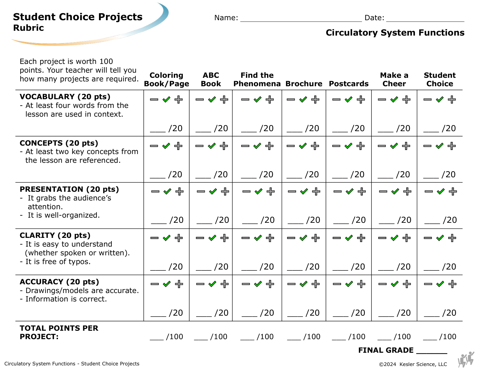 Student choice project options and rubric for the circulatory system functions lesson