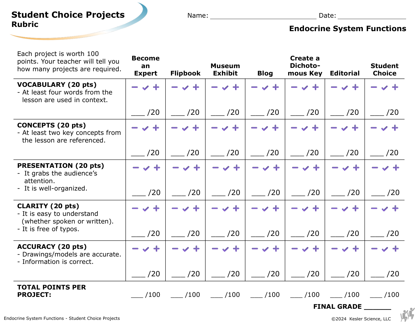 Student choice project options and rubric for the endocrine system functions lesson