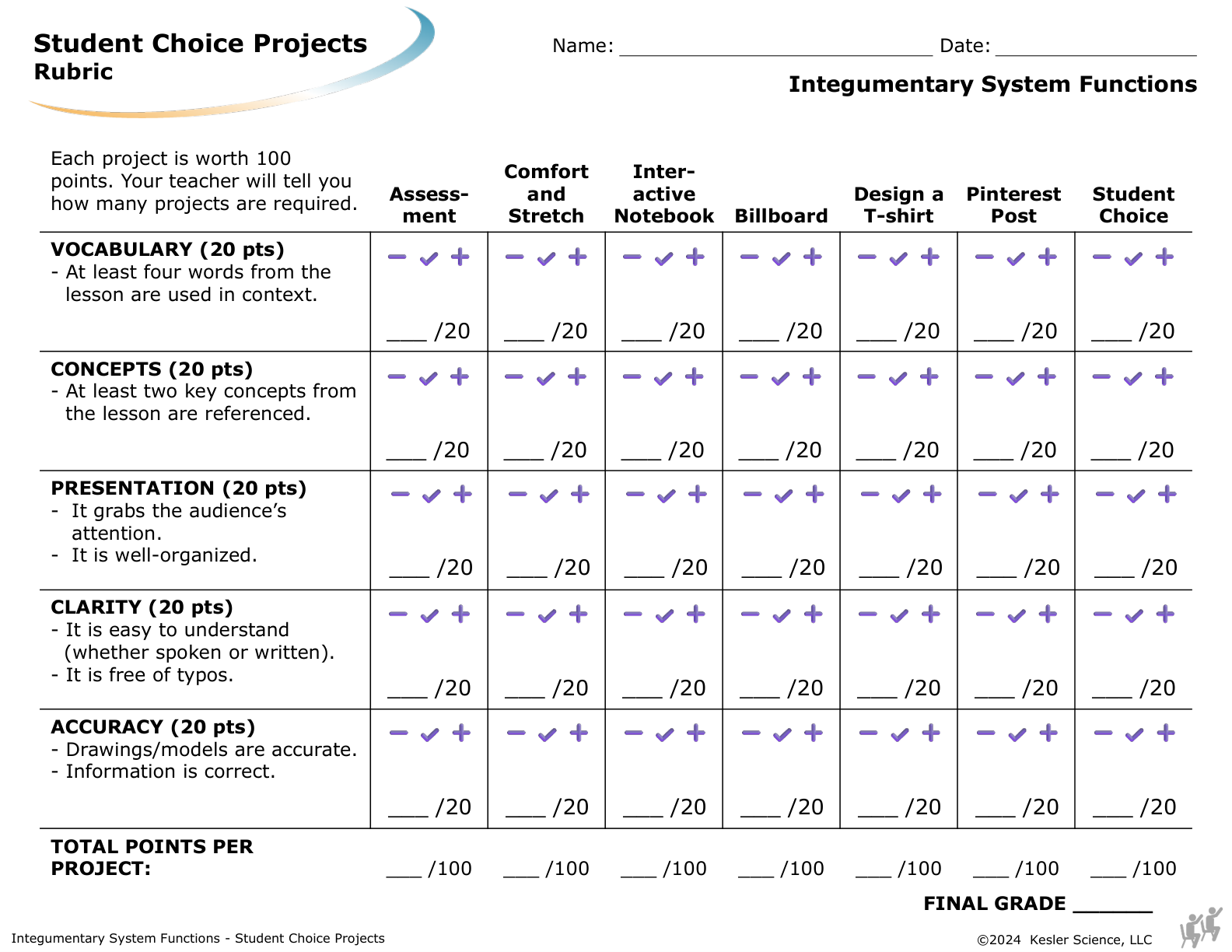 Student choice project options and rubric for the integumentary system functions lesson