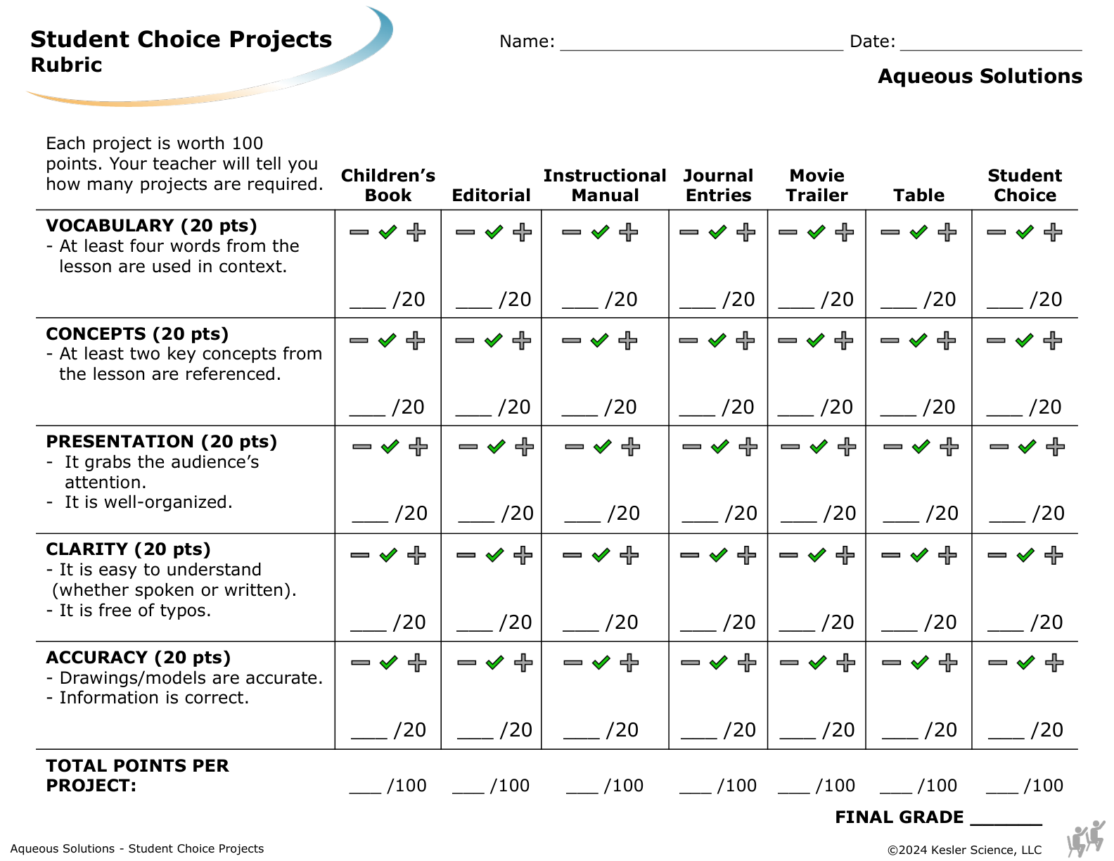 Student choice project options and rubric for the aqueous solutions lesson