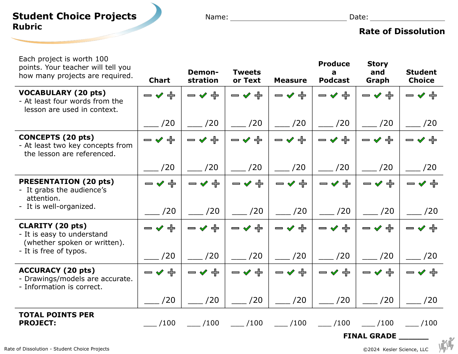 Student choice project options and rubric for the rate of dissolution lesson