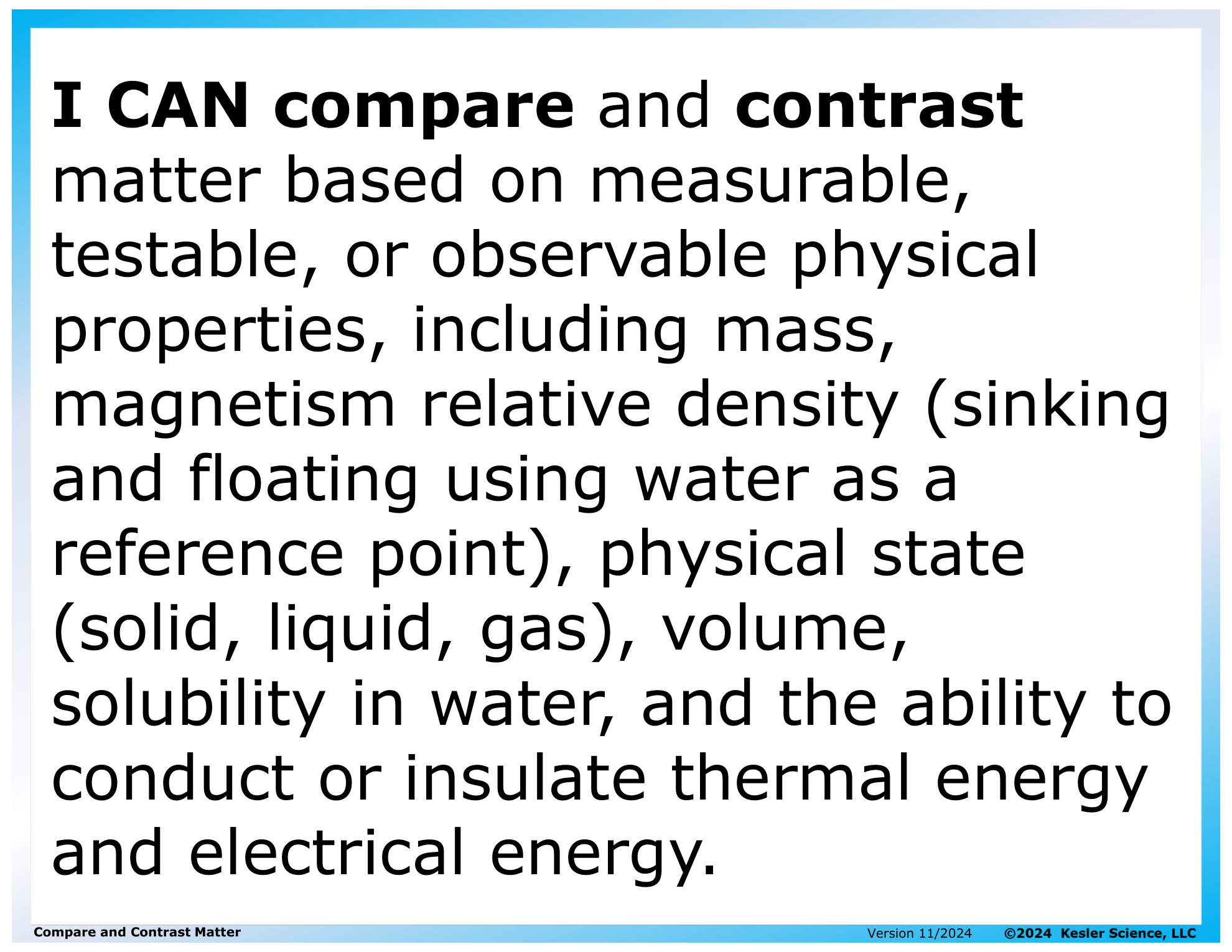 I CAN statement and key vocabulary for the compare and contrast matter lesson