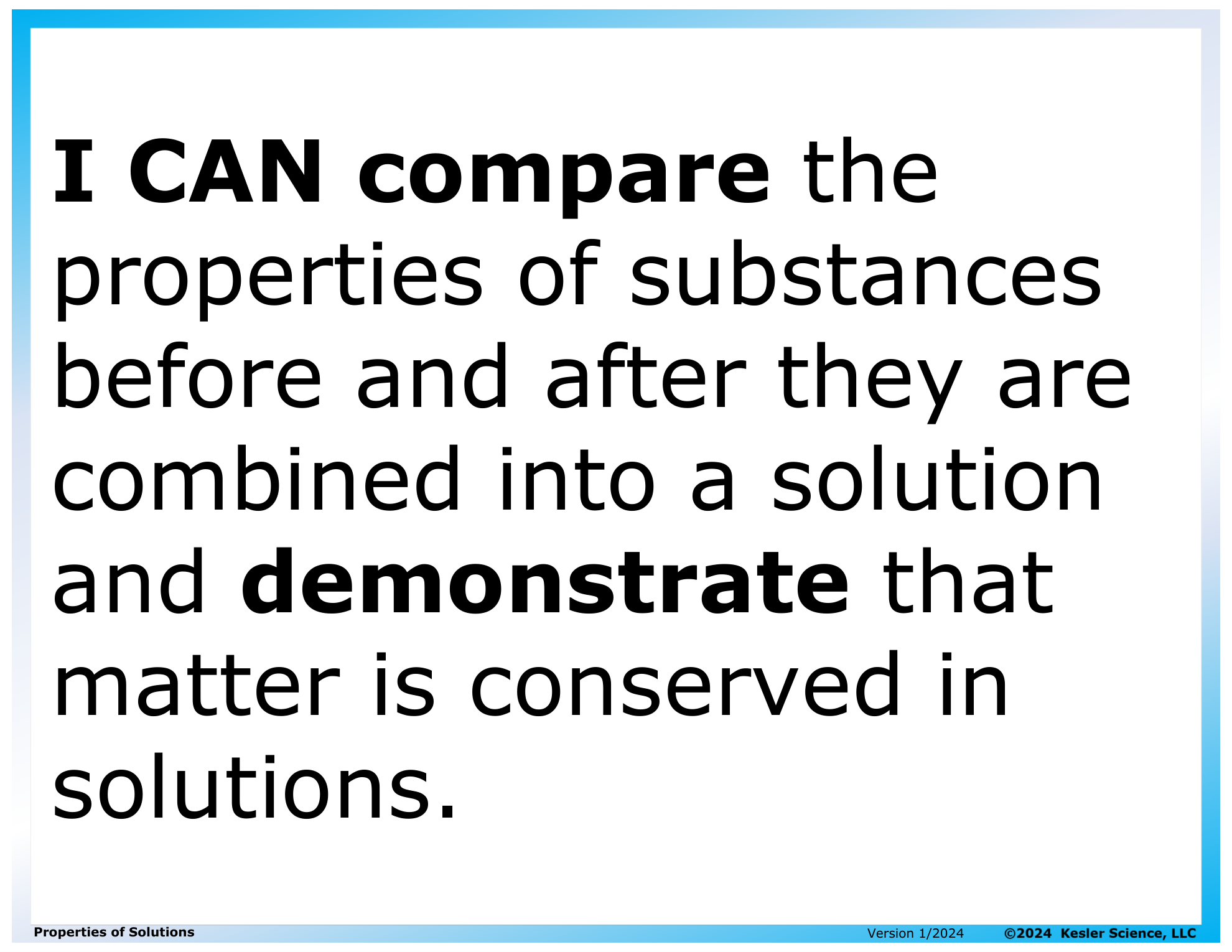 I CAN statement and key vocabulary for the properties of solutions lesson