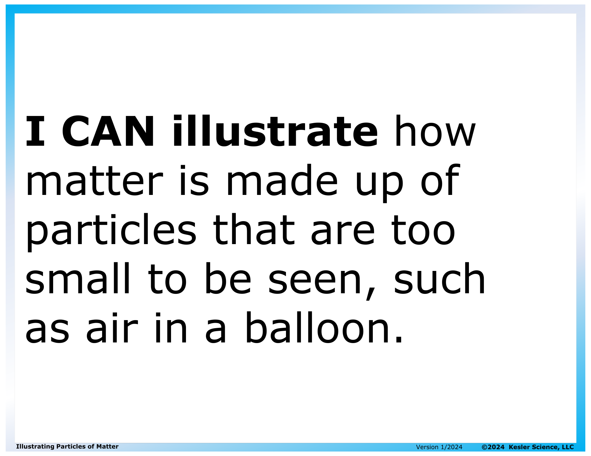I CAN statement and key vocabulary for the illustrating particles of matter lesson
