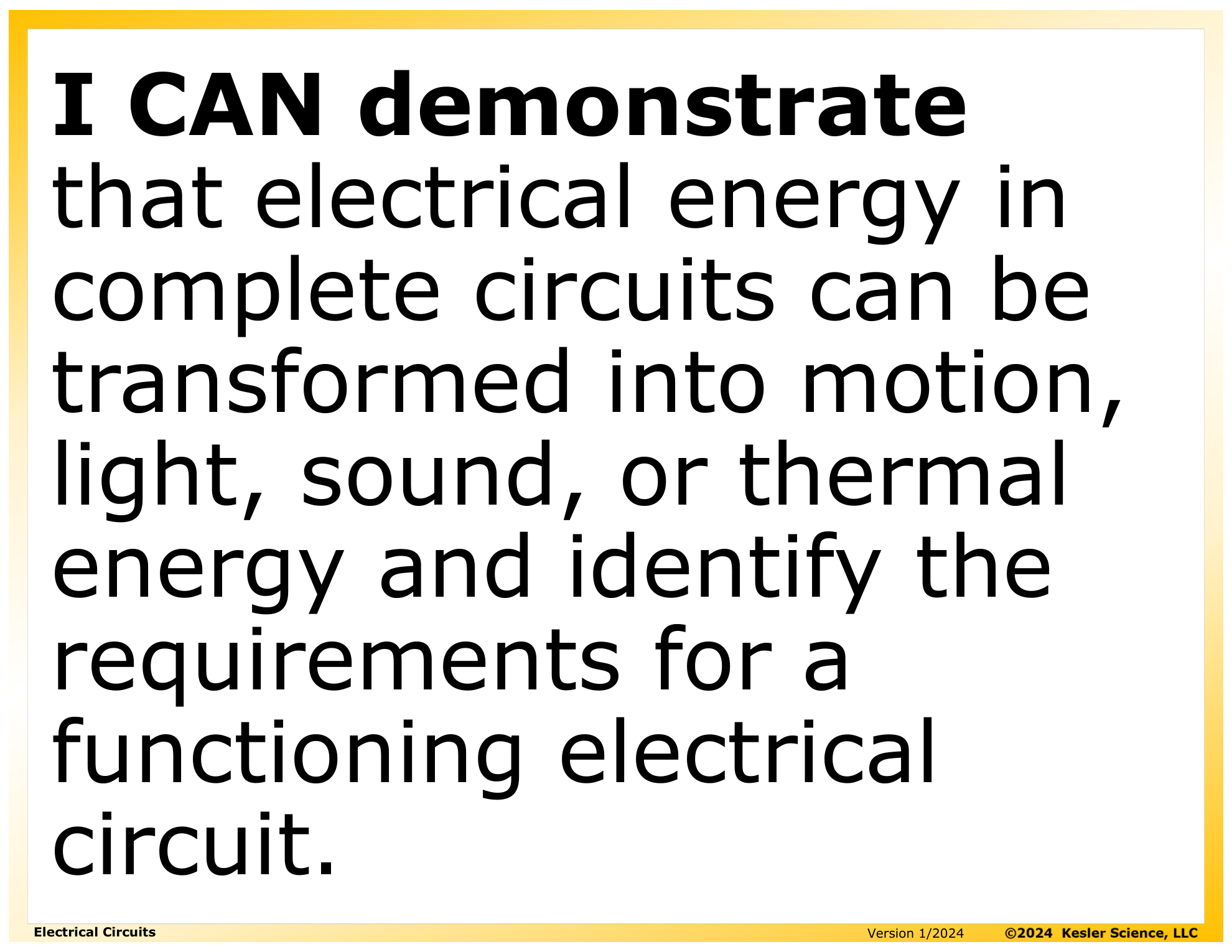I CAN statement and key vocabulary for the electrical circuits lesson