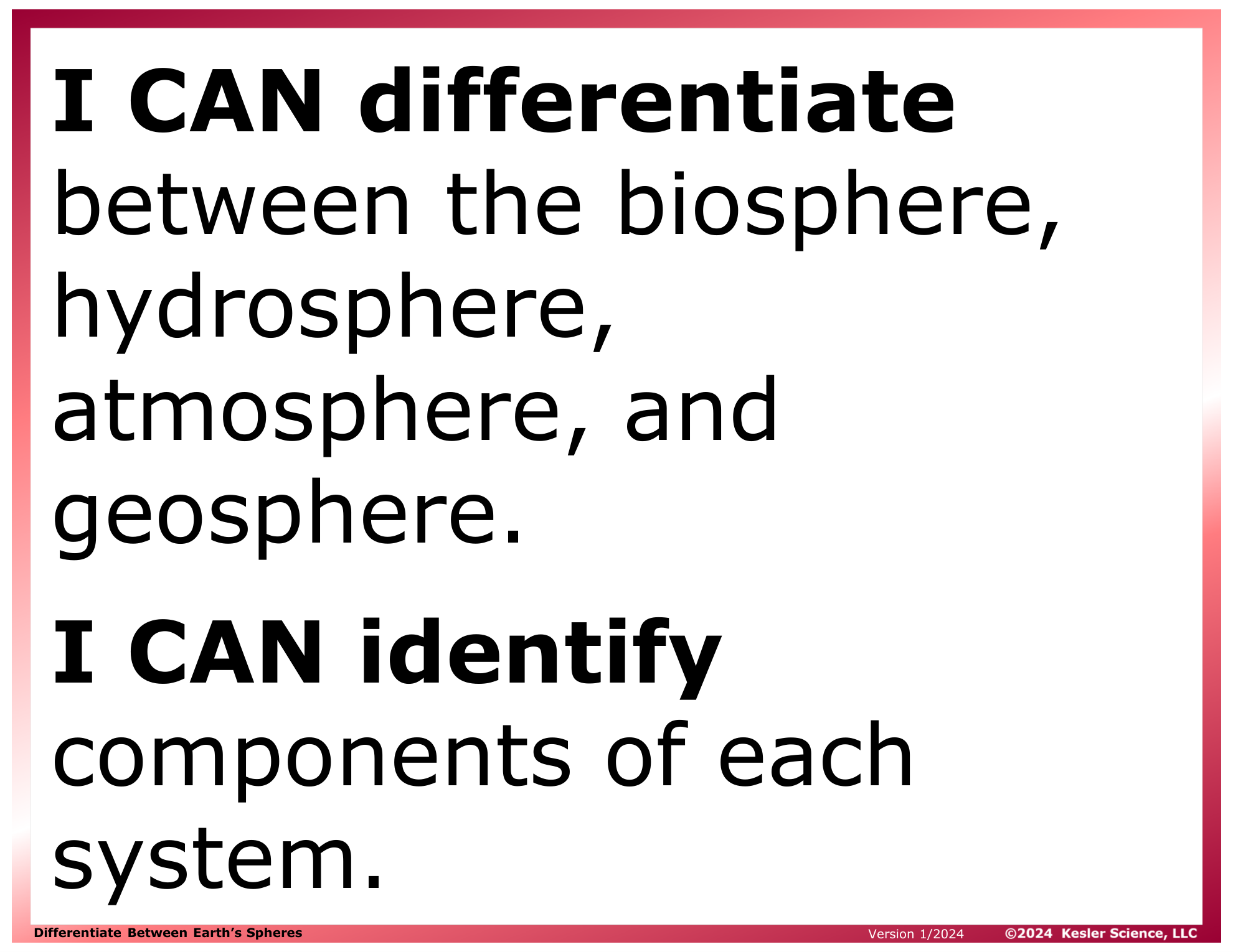 I CAN statement and key vocabulary for the differentiate earth's spheres lesson