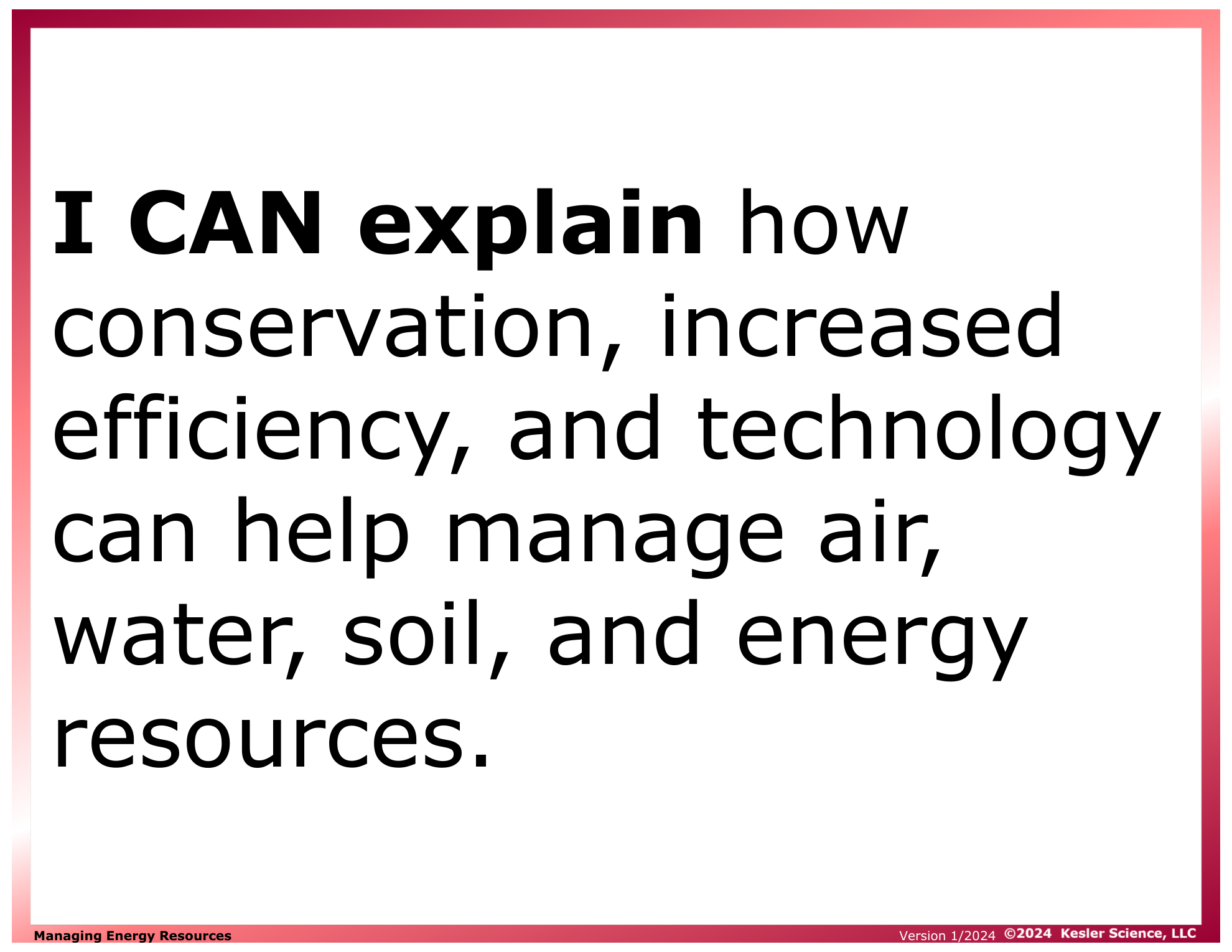 I CAN statement and key vocabulary for the managing energy resources lesson