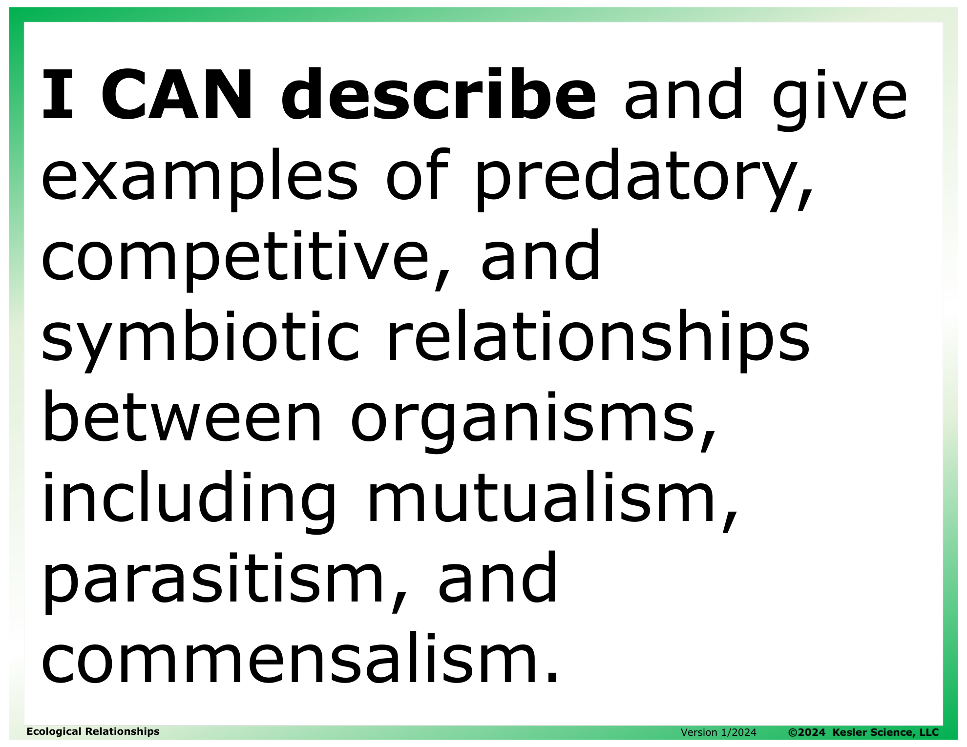 I CAN statement and key vocabulary for the ecological relationships lesson
