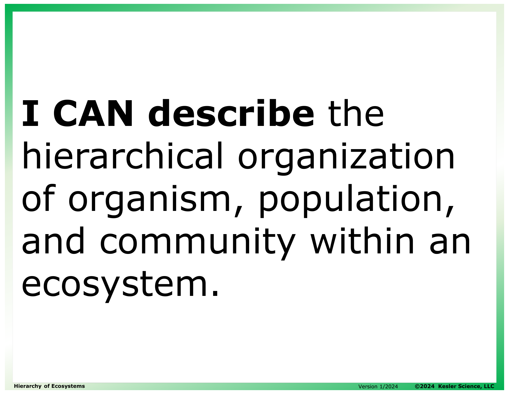 I CAN statement and key vocabulary for the hierarchy of ecosystems lesson