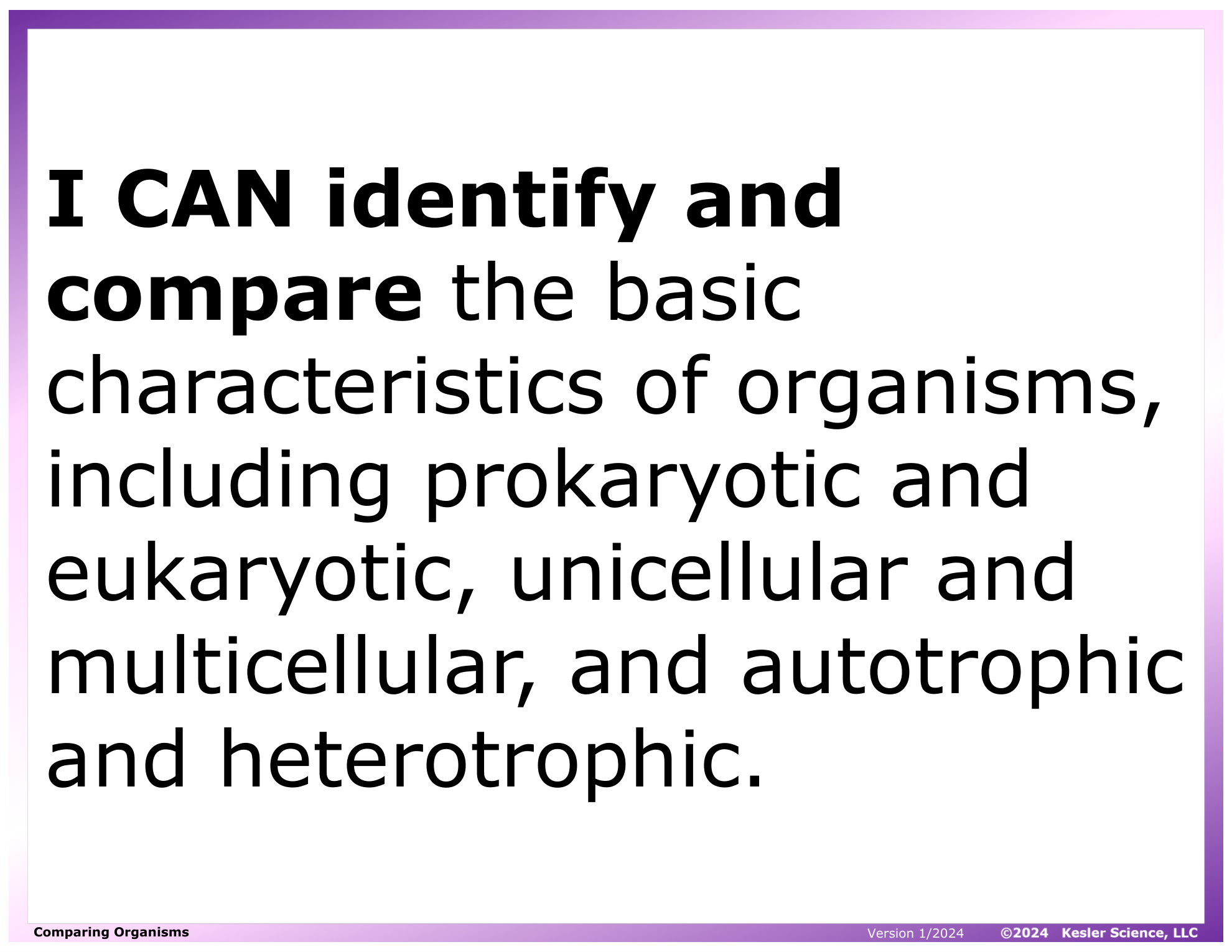 I CAN statement and key vocabulary for the comparing organisms lesson