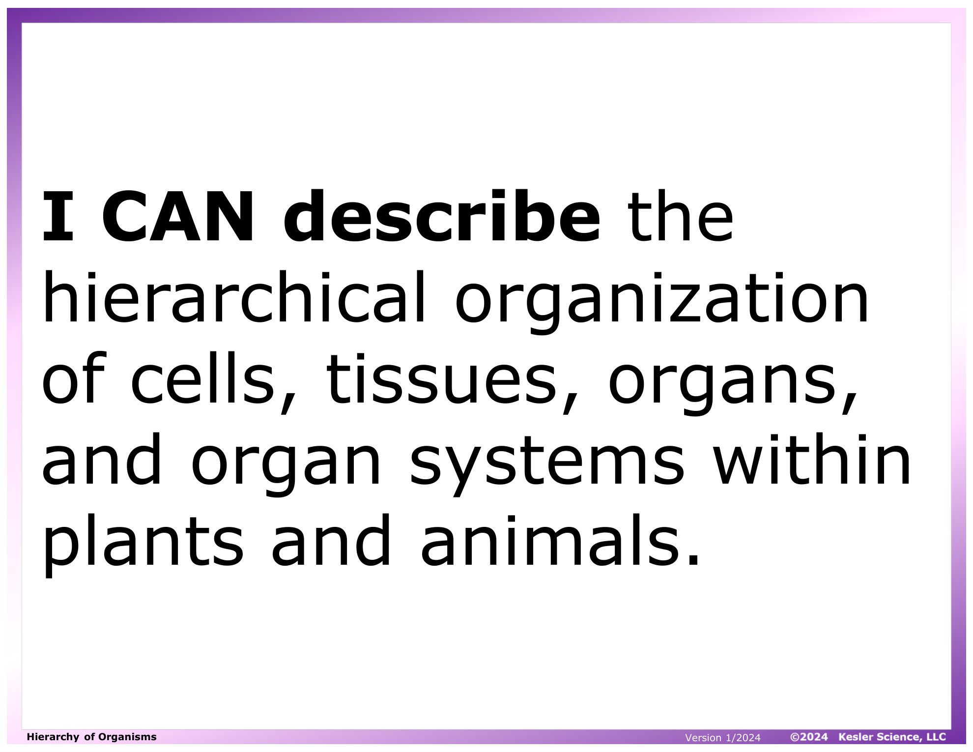 I CAN statement and key vocabulary for the hierarchy of organisms lesson