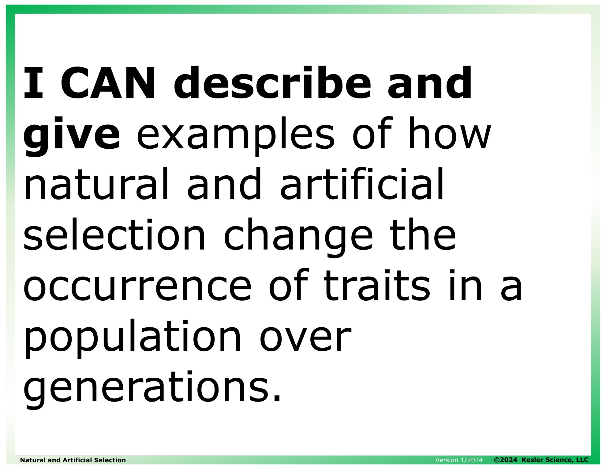 I CAN statement and key vocabulary for the natural and artificial selection lesson