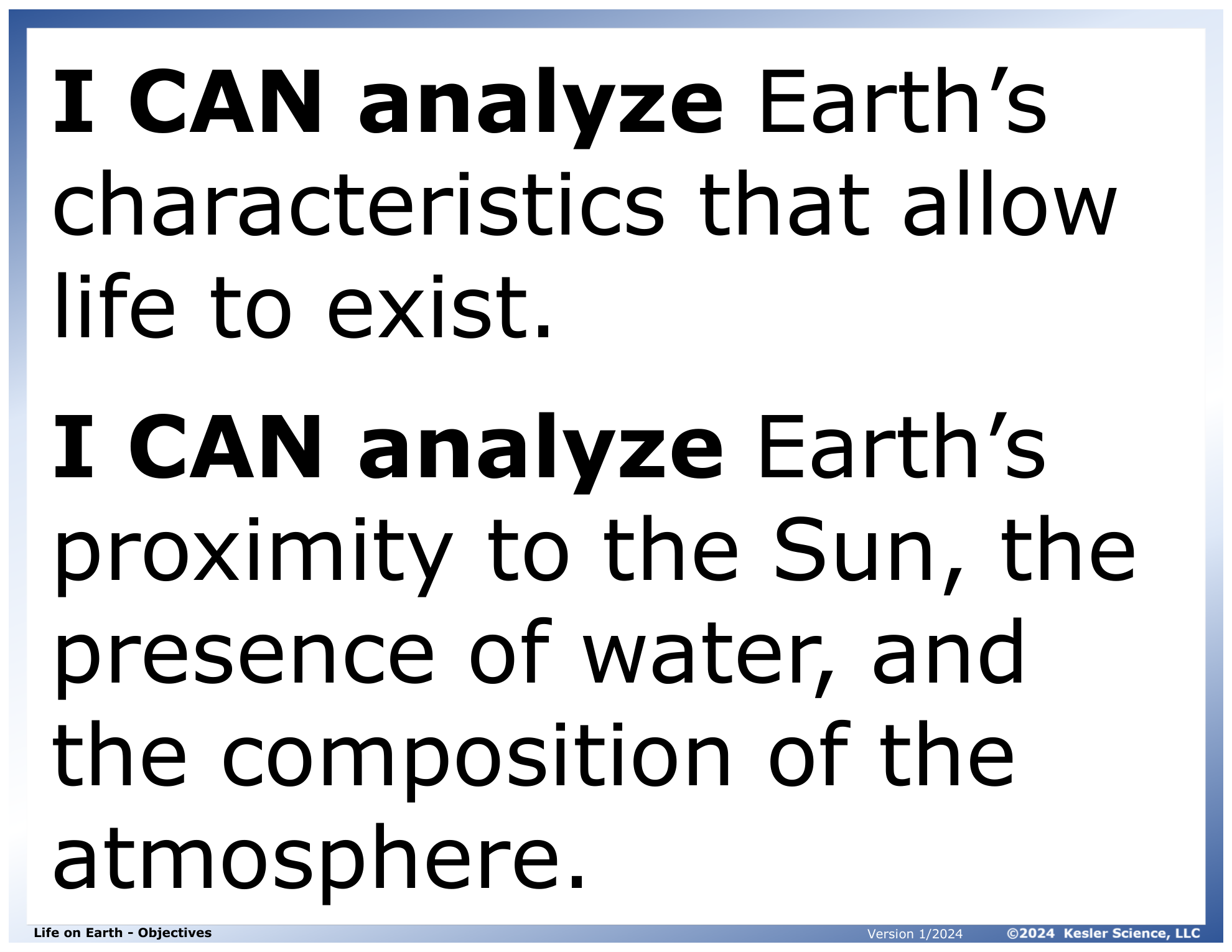 I CAN statement and key vocabulary for the life on earth lesson