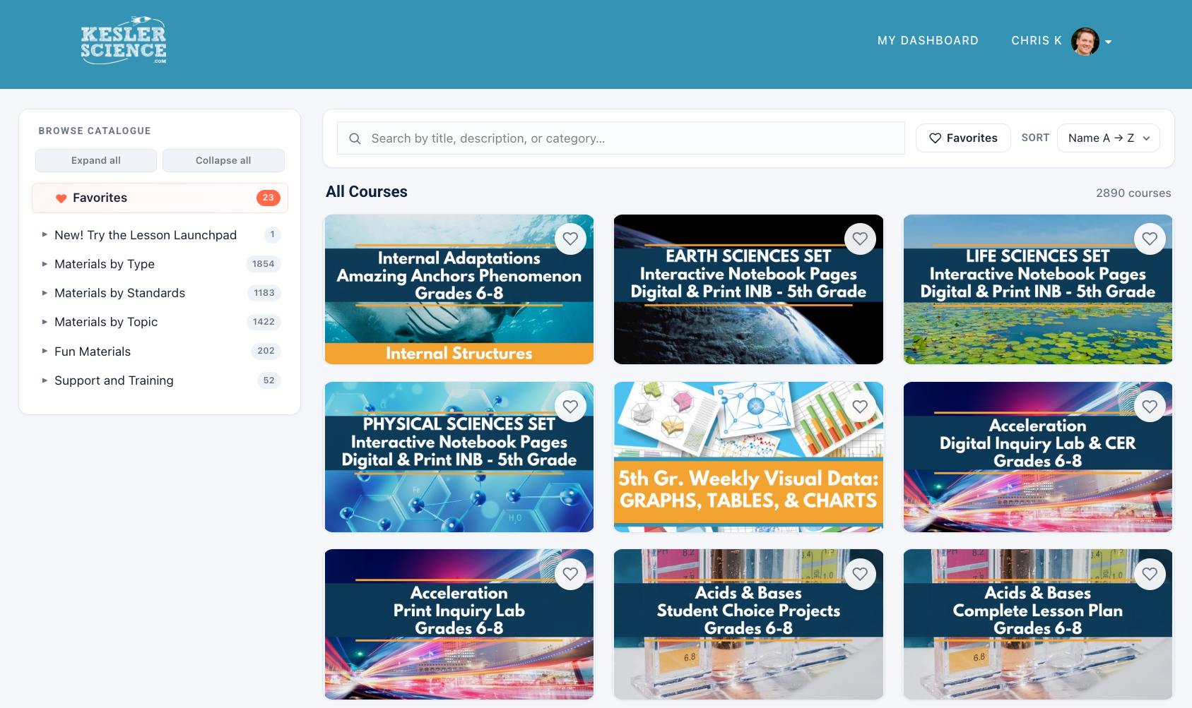The redesigned Kesler Science Plus dashboard with search, Favorites, and the browse-by-standard catalog
